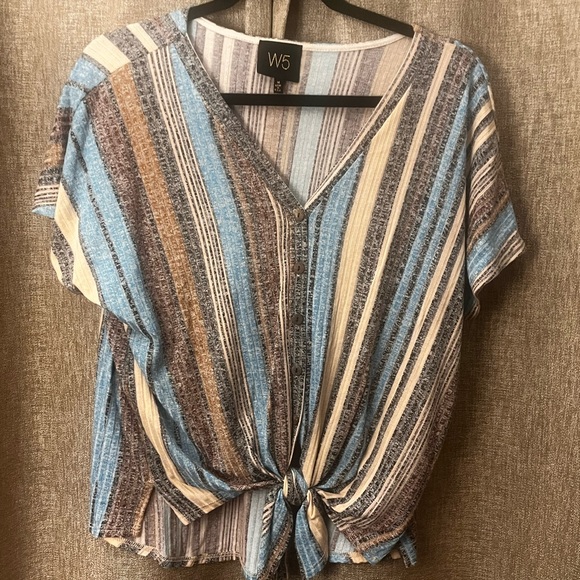W5 Tops - W5 Anthropologie Sample - Women's Striped V-Neck Top - Blue and Brown